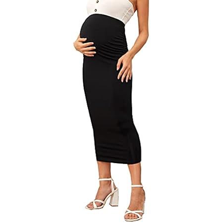POSHDIVAH Women's Maternity Skirt Over The Belly Midi High Waisted Solid Stretchy Pregnancy Pencil S | Amazon (US)