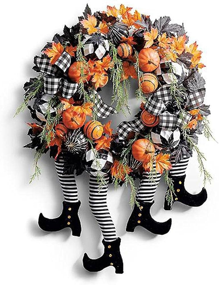 Witch Halloween Wreath with Legs Front Door Hanging Wreath,Artificial Maple Pumpkin Wreath for Ha... | Amazon (US)