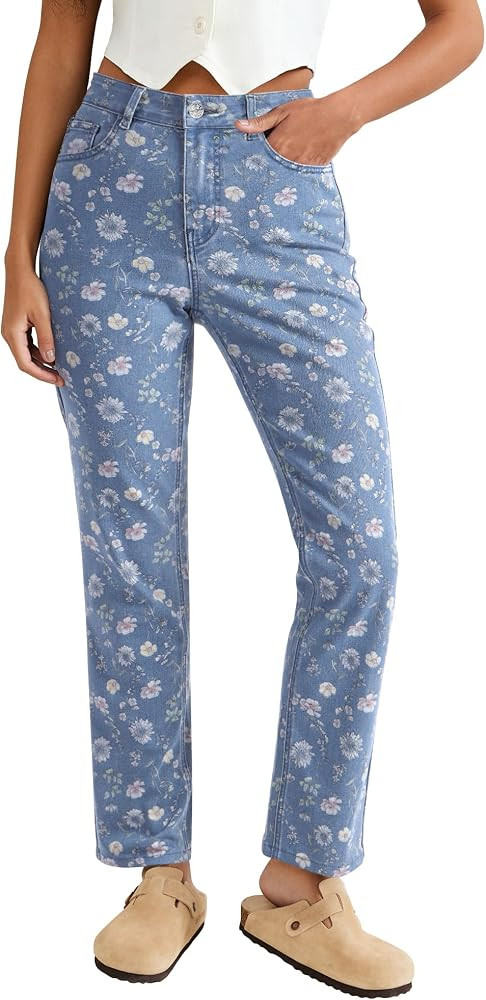 luvamia Straight Leg Jeans for Women Floral Printed High Waisted Trendy Cute Vintage Stretchy Den... | Amazon (US)