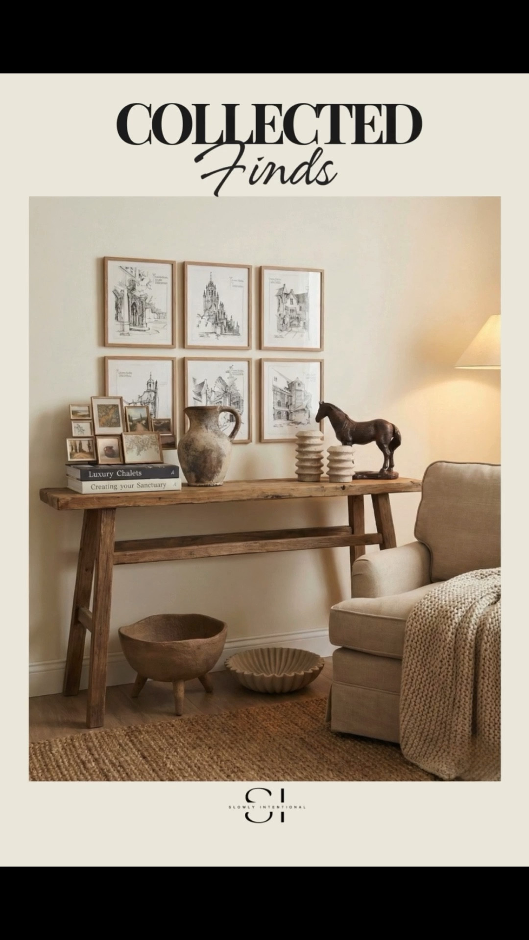 This little console moment is what I mean when I say collected, not cluttered. Every piece feels like it has a story, nothing matchy, nothing rushed. The wood console brings warmth, the layered art adds personality, and the mix of pottery, books, and sculptural pieces keeps it from feeling flat or boring.

This is how you decorate when you stop chasing trends and start choosing pieces you actually love. You do not need a full room makeover, you just need a few intentional finds that work together. Slow decorating wins every time.

Perfect inspiration for an entryway, hallway, or behind-the-sofa console that finally feels finished but still personal.


#LTKGiftGuide #LTKHome