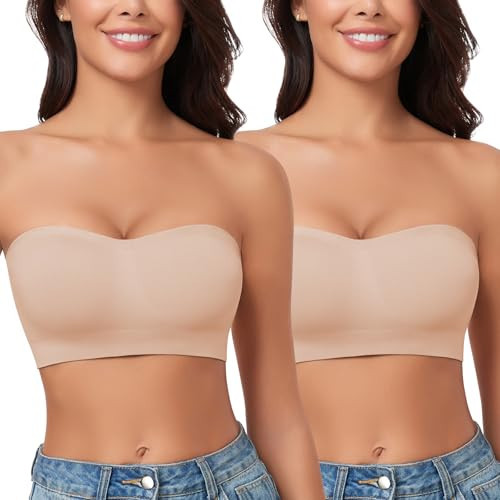 WOWENY Strapless Bras for Women Bandeau Bra Wireless Non-Slip Silicone Seamless Padded Tube Top Bra(Nude&Nude, 2XL) | Amazon (US)