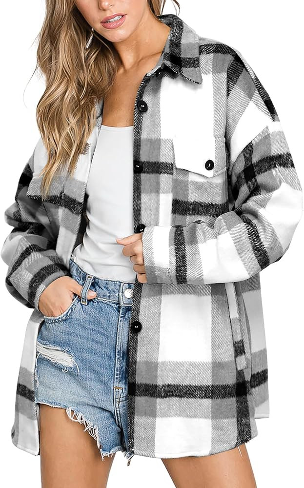 Beaully Women's Flannel Plaid Shacket Long Sleeve Button Down Shirts Jacket Coats with Side Pocke... | Amazon (US)