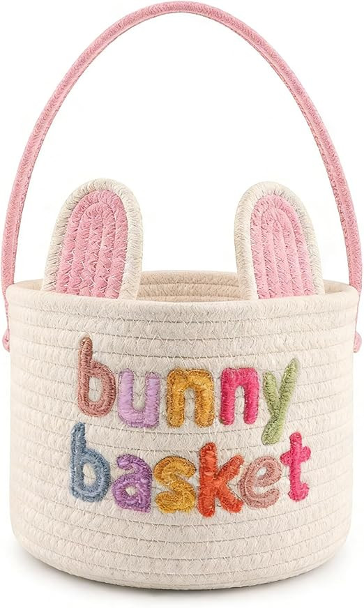 Easter Bunny Basket, Woven Cotton Rope Basket with Rabbit Ears and Handle, Reusable Cute Egg Hunt... | Amazon (US)