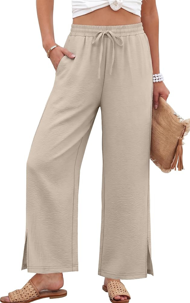 Sampeel Womens Wide Leg Beach Pants Elastic Waist Lightweight Casual Flowy Palazzo Lounge Trouser... | Amazon (US)