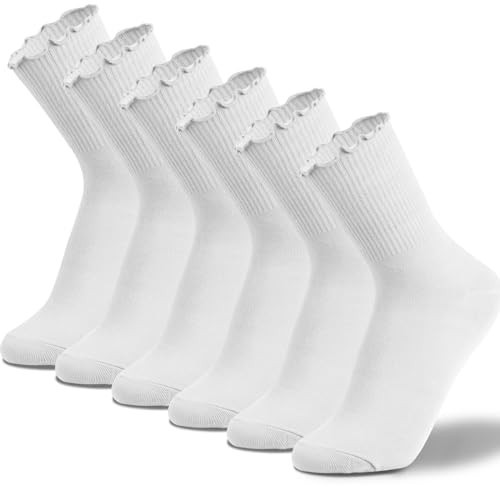 sevening White Ruffled Socks For Women - 6Pairs Frilly Curn-Cuff Lettuce Edge Ankle Socks， Breathable Casual Cute Crew Socks | Amazon (US)