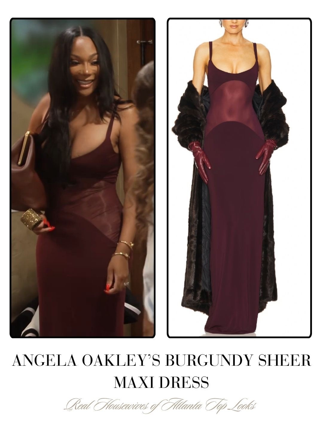 Angela Oakley’s Burgundy Sheer Maxi Dress
