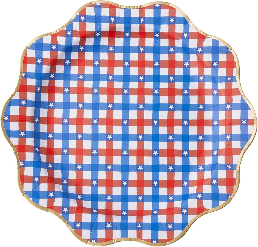 Bonjour F\u00eate Red & Blue Gingham Star Large Paper Party Plates | Premium Party Supplies, Gold... | Amazon (US)