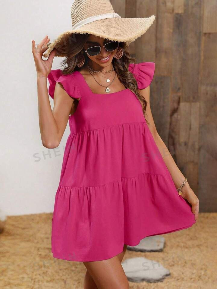 SHEIN VCAY Square Neck Ruffle Trim Decorated Dress | SHEIN