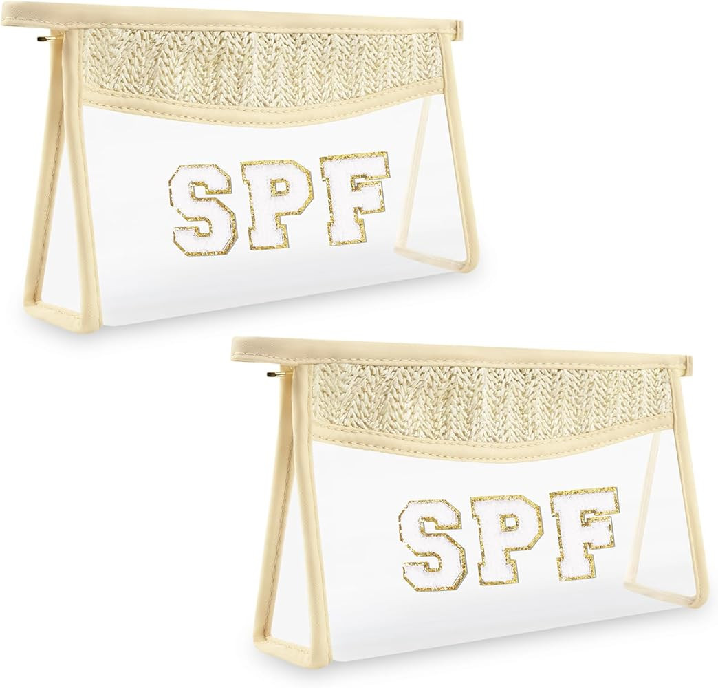 2Pcs Boho Patch SPF Bag Clear Makeup Letter Bag, Waterproof Zipper Make up Bags Toiletry Pouch fo... | Amazon (US)