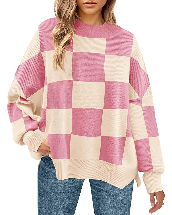 ZESICA Women's Winter Oversized Sweaters Long Sleeve Color Block Mock Neck Side Slit Comfy Loose ... | Amazon (US)