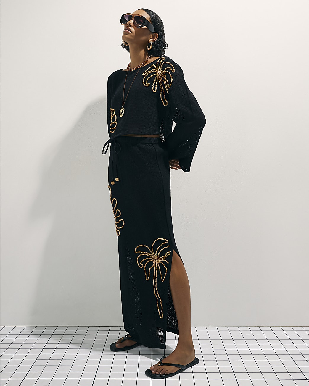 Black Beaded Knit Maxi Skirt | River Island UK & IE
