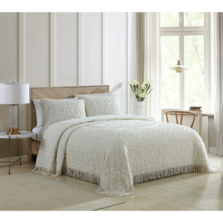 Beatrice Home Fashions Medallion Chenille Bedspread Queen Ivory - Walmart.com | Walmart (US)