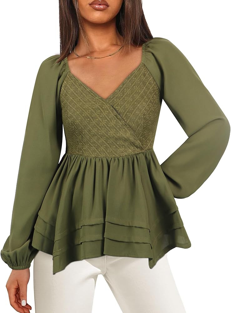 Angashion Women Tops Long Sleeve V Neck Peplum Blouse Dressy Casual Flowy Ruffle Babydoll Shirts | Amazon (US)