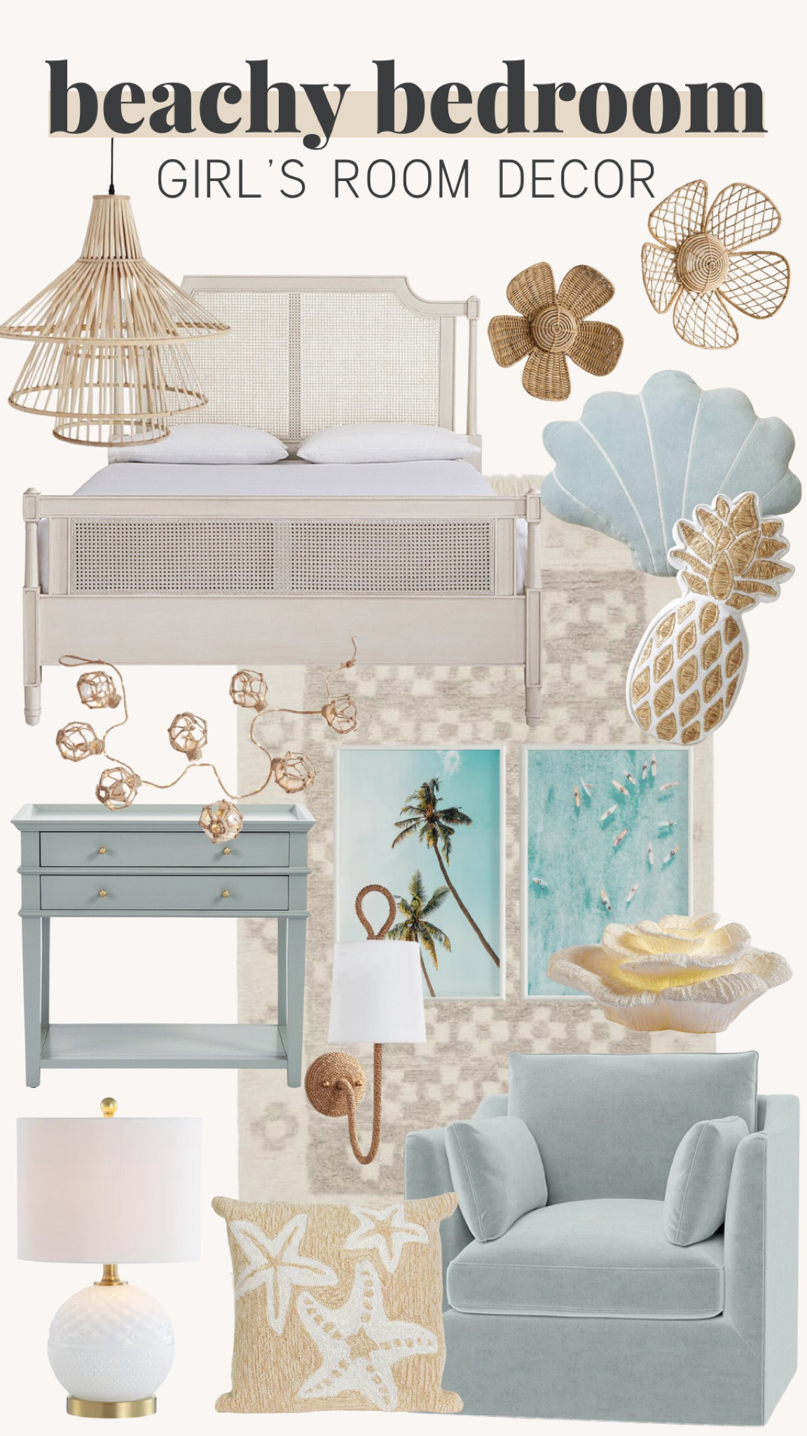 Beachy girls bedroom, girls room decor, ceiling lighting, bedroom, bed set, coastal throw pillows, wall decor, accent chair, lighting, night stand, wall lighting, sconces, 

#LTKStyleTip #LTKTravel #LTKHome