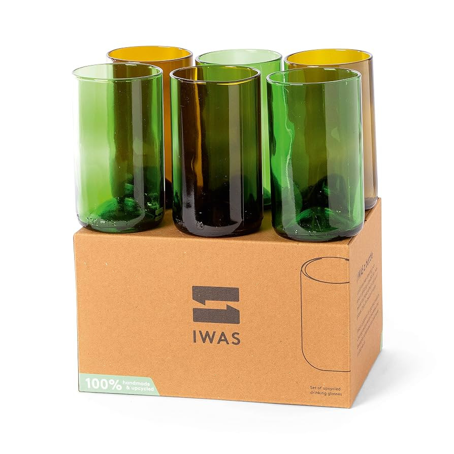 IWAS Upcycled Tall Drinking Glasses | 400 ML | 13.53 OZ | Set of 6 | Sustainable Water and Cockta... | Amazon (US)