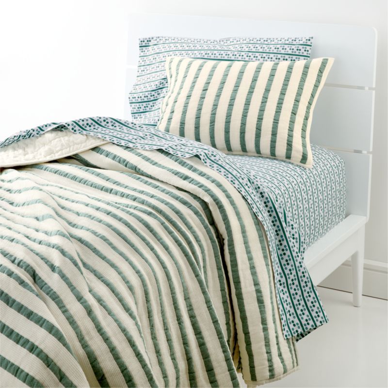 Organic Teal Stripe Waffle Weave Quilt | Crate and Barrel | Crate & Barrel
