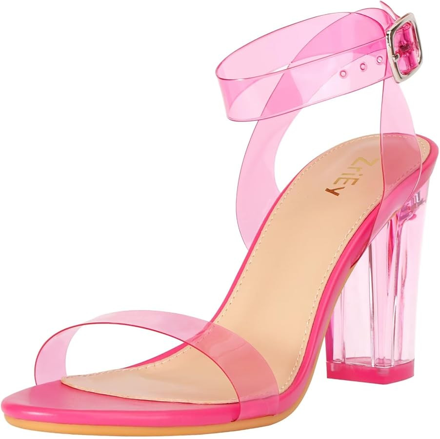 ZriEy Clear Block Sandals Chunky Heels for Women 3.35 Inch Open Toe Adjustable Ankle Strap Pump S... | Amazon (US)