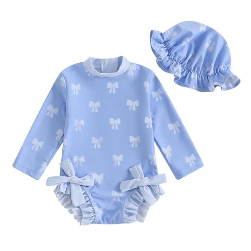 Socutebabe Baby Girl Swimsuit Baby Girls Long Sleeve One Piece Swimsuit Romper with Hat Bathing Suit Toddler Bathing Suit (a-Blue, 18-24 Months) | Amazon (US)