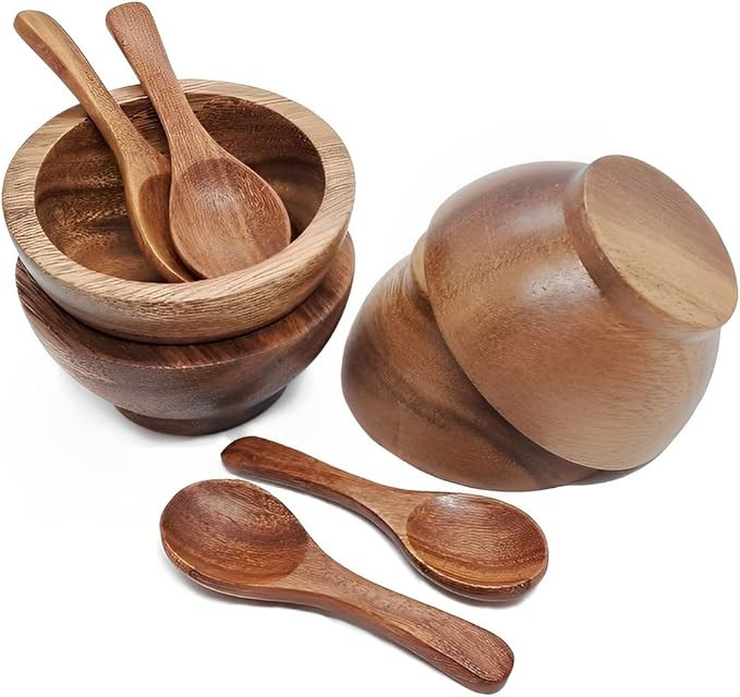 Small Round Wood Bowls 4 Pcs 2⅞" Diameter Stackable Acacia Wooden Bowl Set with 4 spoons for se... | Amazon (US)