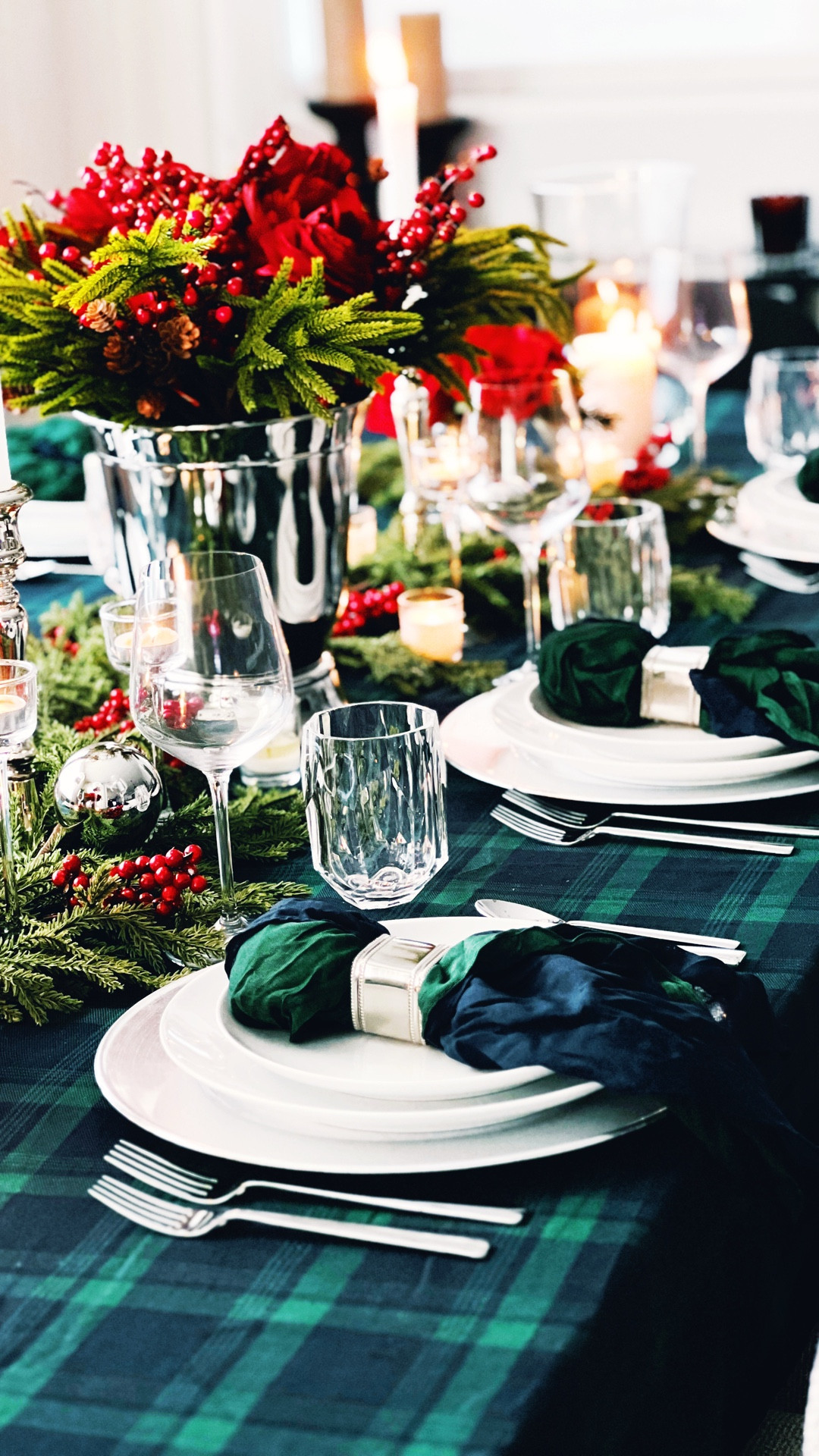 A Ralph Lauren inspired Christmas starts with a Black Watch Tartan Tablescape! Black Watch Tartan tablecloth, silver mint julep cups, real touch roses, cut glass glassware, silver chargers, silver wine bucket, Ralph Lauren aesthetic

#LTKSeasonal #LTKHoliday #LTKHome