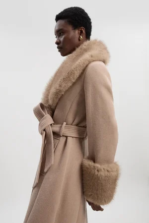 Wool Blend Detachable Faux Fur Belted Midi Coat | Karen Millen US