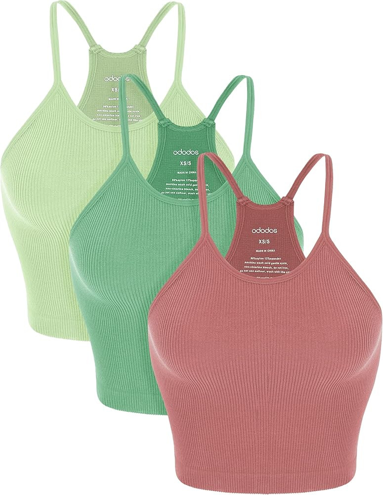 ODODOS Women's Crop 3-Pack Washed Seamless Rib-Knit Camisole Crop Tank Tops | Amazon (US)