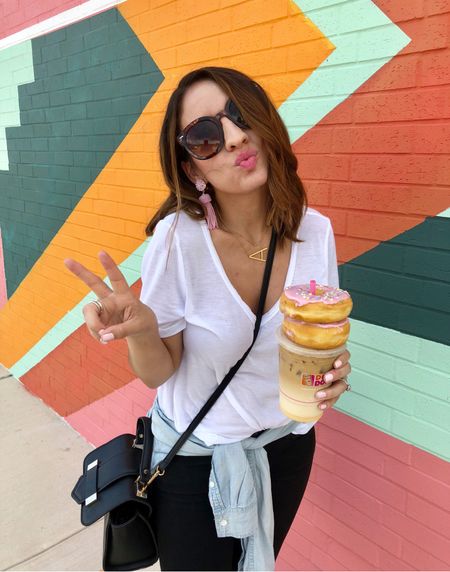 White t-shirt, jeans. Sunglasses, and a smile. And yes donuts stacked on top of coffees are probably not the best idea. Haha  
#ltkpetite 

#LTKFind #LTKunder50 #LTKunder100