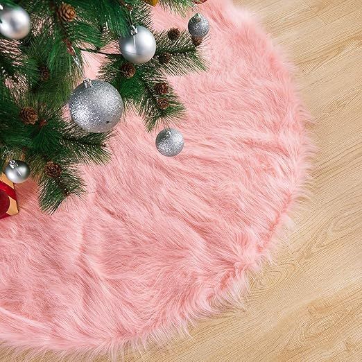 Pink Christmas Tree Skirt 48 Inches, Long Luxury Cozy Faux Fur Xmas Tree Skirt Elegant Décor, 1 ... | Amazon (US)