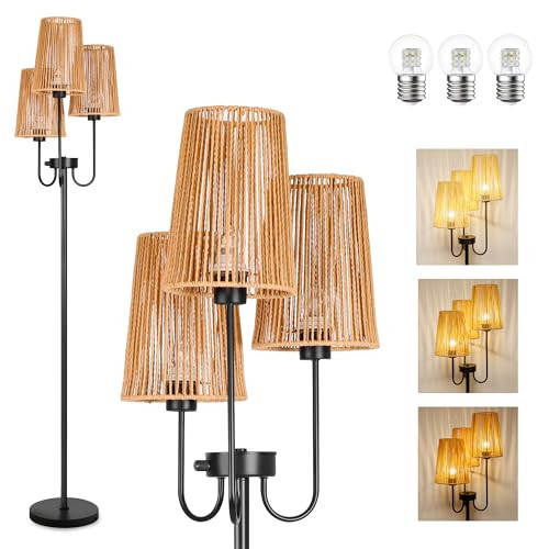 MKPAEI Boho Floor Lamp for Living Room, 3 Light Farmhouse Floor Lamps with Cage Rattan Shade & 7W LED Bulbs, Black Rustic Tree Standing Tall Lamp for Bedroom Corner,65",3 Color Temperature | Amazon (US)