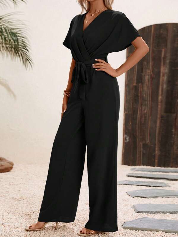 SHEIN LUNE Solid Belted Wide Leg Wrap Detail Jumpsuit | SHEIN
