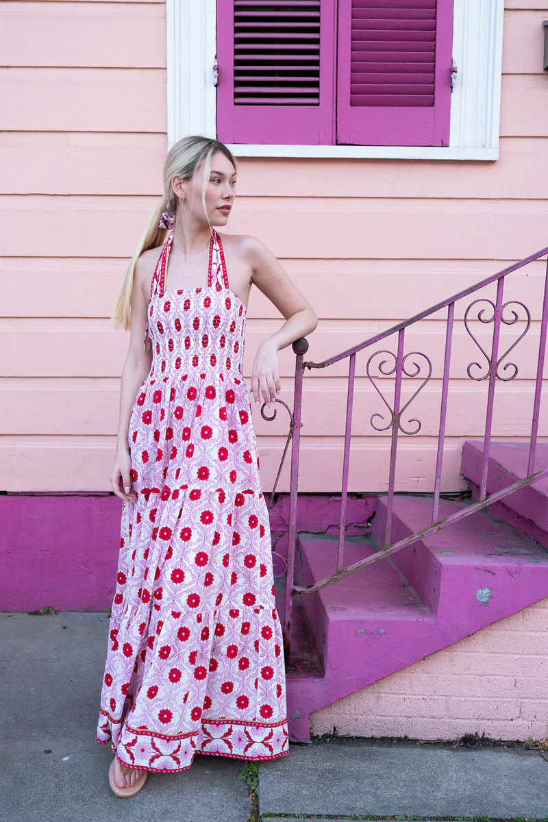 Smocked Halter Dress | Red/Blush Cosmos | SUE SARTOR