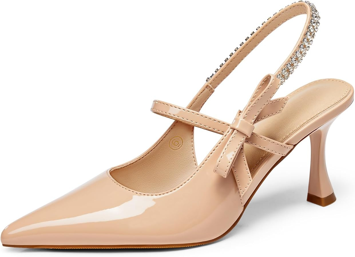 Coutgo Womens Slingback Kitten Heels Mary Jane Shoes Bow Crystal Closed Pointed Toe Pumps Wedding... | Amazon (US)