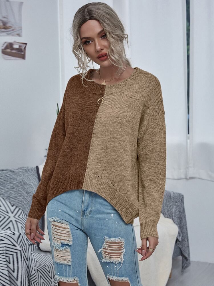 Drop Shoulder Two Tone Sweater | SHEIN
