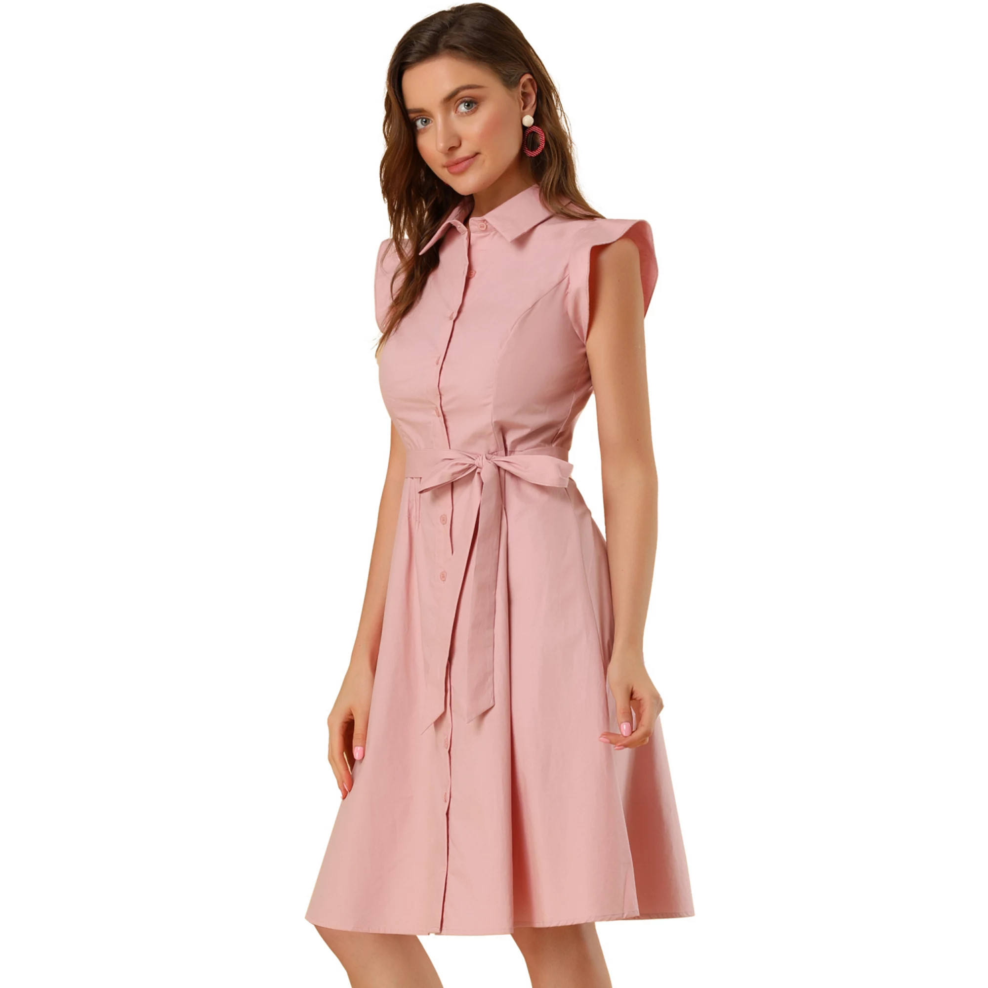 Women's Work Ruffled Sleeve Button Down Belted Knee Length Shirt Dress | Kohl's