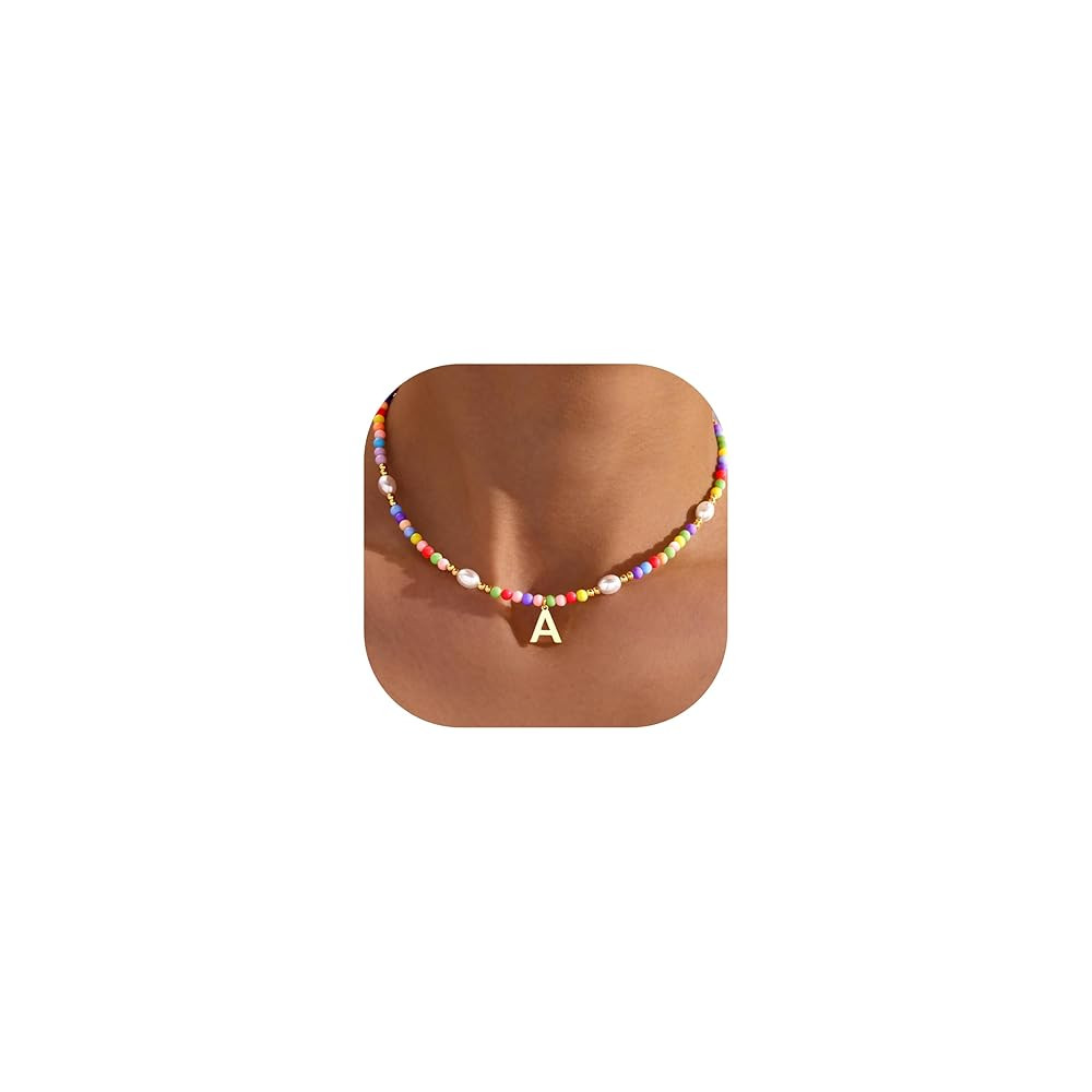 Colorful Initial Necklace for Girls – Trendy Dainty Beaded Choker with Letter Pendant, 14K Gold... | Amazon (US)