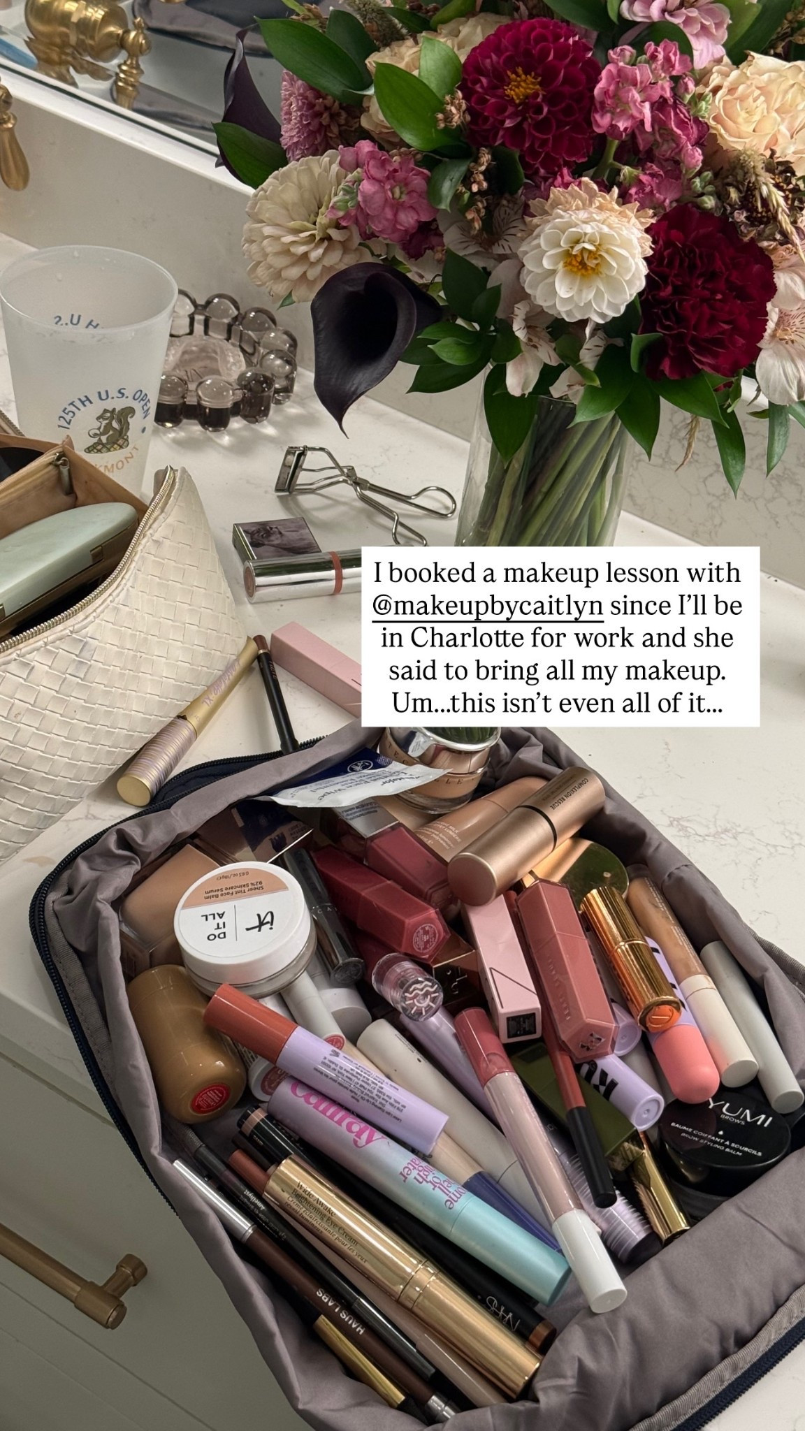 I booked a makeup lesson with @makeupbycaitlyn since I’ll be in Charlotte for work and she said to bring all my makeup. Um…..this isn’t even all of it…..