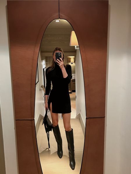 Black turtleneck short dress with black boots outfit 