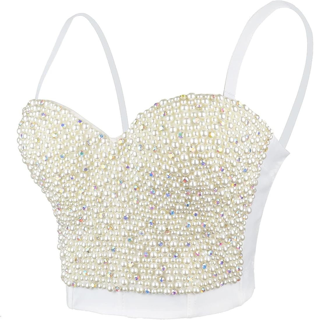 Sexy Pearls Beaded Rhinestone Bustier Crop Top Push up Corset Top with Detachable Straps | Amazon (US)
