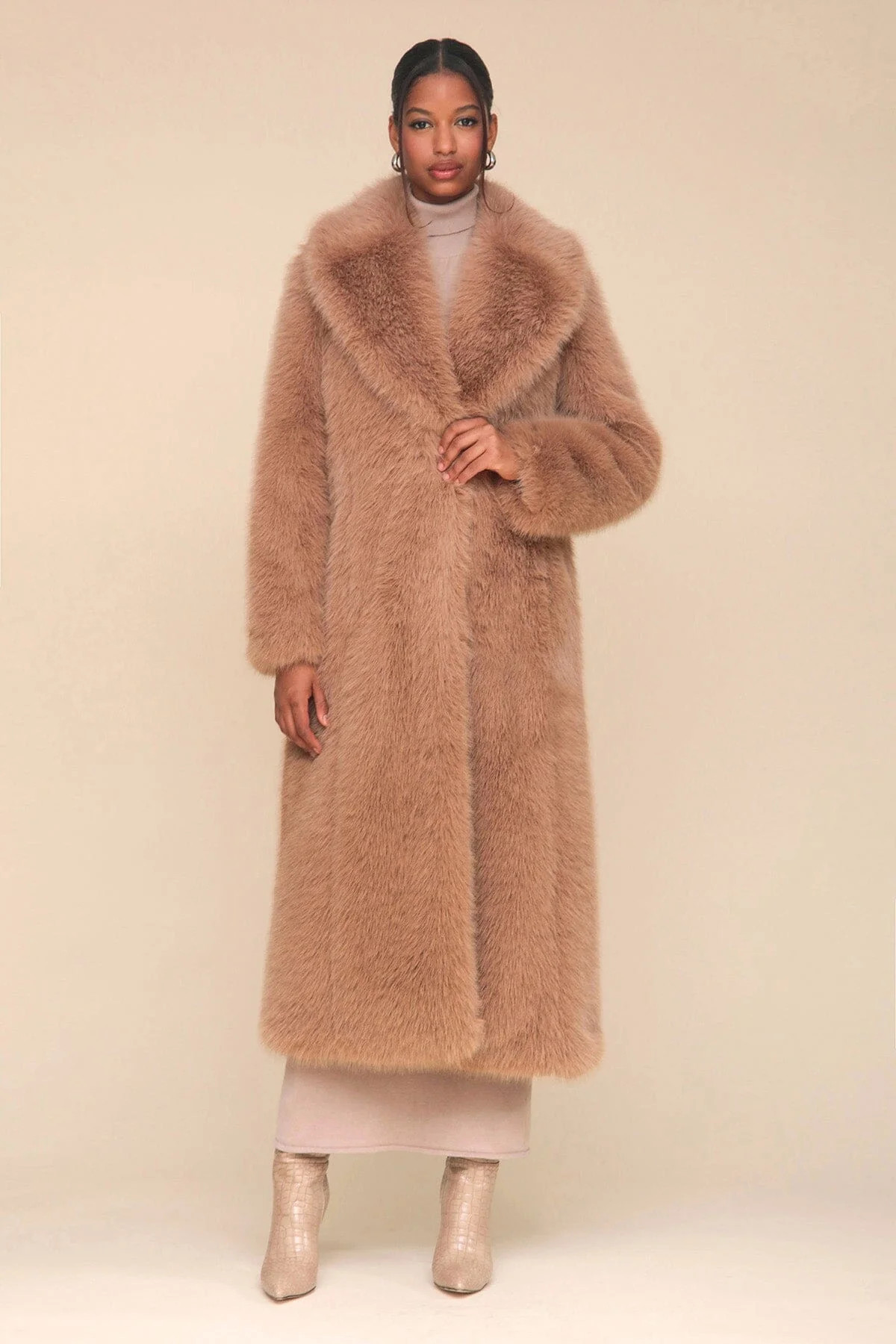 Premium Faux Fur Shawl Collar Midi Coat | Avec Les Files