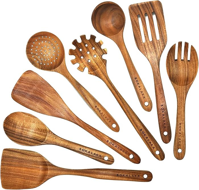 Teak Wooden Spoons for Cooking - 8Pcs Kitchen Utensils Set With Spatulas | Amazon (US)