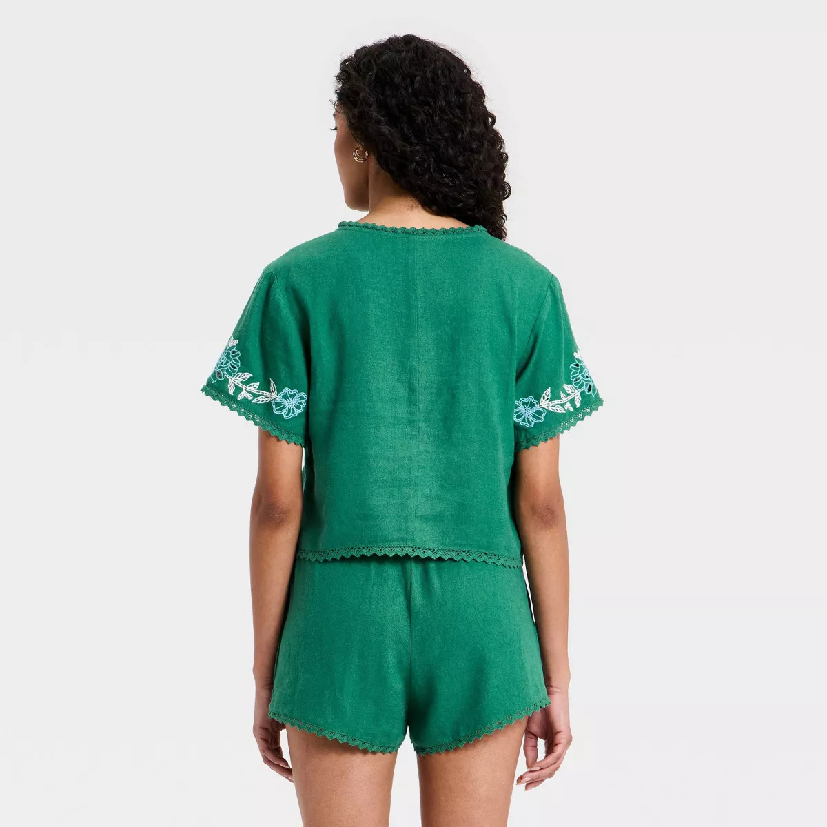 Women's Short Sleeve Cutwork V-Neck Blouse - Universal Thread™ Green M | Target