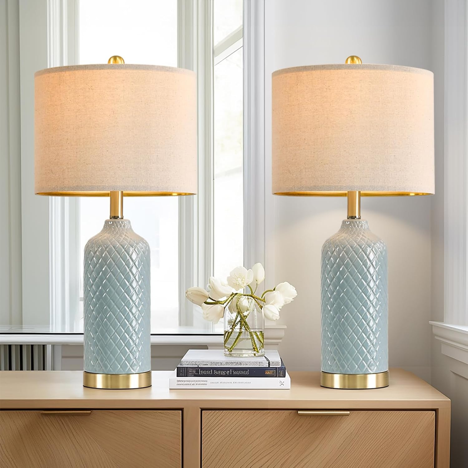 24.25" Modern Ceramic Blue Table Lamps Set of 2 for Living Room Bedroom | Amazon (US)