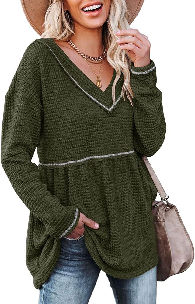 ZOWODO Women's Waffle Long Sleeve V Neck Peplum Flowy Babydoll Tunic Top Loose Knit Pullover Sweater | Amazon (US)