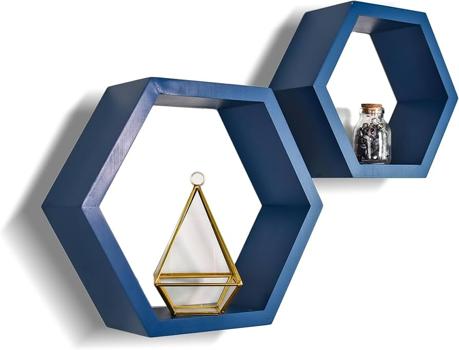 Hexagon Shelves Honeycomb Shelves Set of 2 - Pine Wood Blue Midnight Wall Mounted Storage for Liv... | Amazon (US)