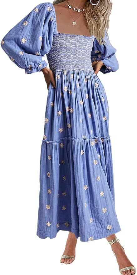 AnotherChill Women's Casual Embroidered Maxi Dress Floral Flowy Square Neck Dresses with Puff Sle... | Amazon (US)