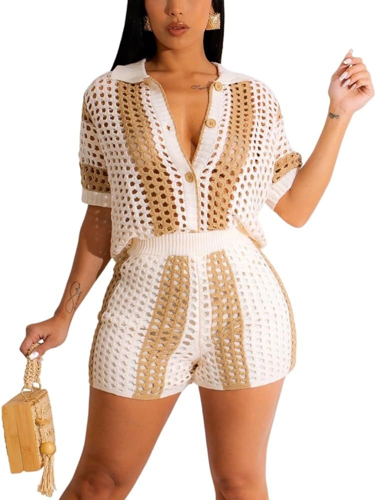 Crochet Sets Two Piece Women Summer Causal Knit Short Sleeve Button Down Shirt and Shorts Matchin... | Amazon (US)