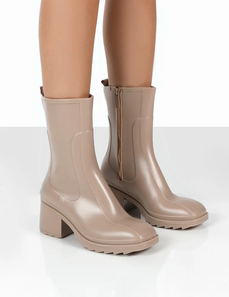 Rainyday Beige Chunky Zip Up Heeled Wellies | Public Desire (US & CA)