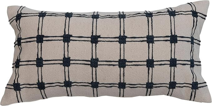 Creative Co-Op Cotton Slub Lumbar Pillow with Grid Embroidery, Multicolor | Amazon (US)