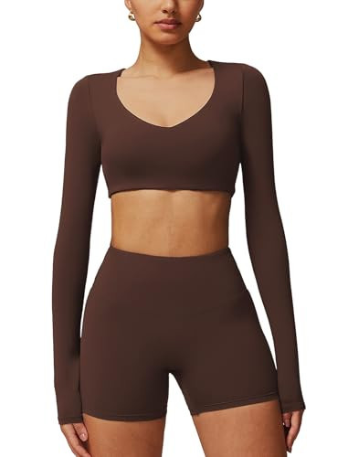 ABOCIW Workout Sets for Women Long Sleeve Workout Top with Built in Bra Scrunch Butt Lifting High Waist Biker Shorts 2 Piece Gym Sets Athletic Yoga Pilates Outfits V Neck Coffee X-Small | Amazon (US)