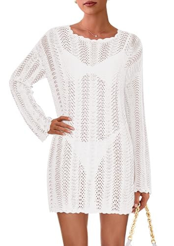 PRETTYGARDEN Women's Swimsuit Cover Up 2025 Summer Bathing Suit Swimwear Crochet Knit Dress Fashion Beach Vacation Clothes (White,Small) | Amazon (US)